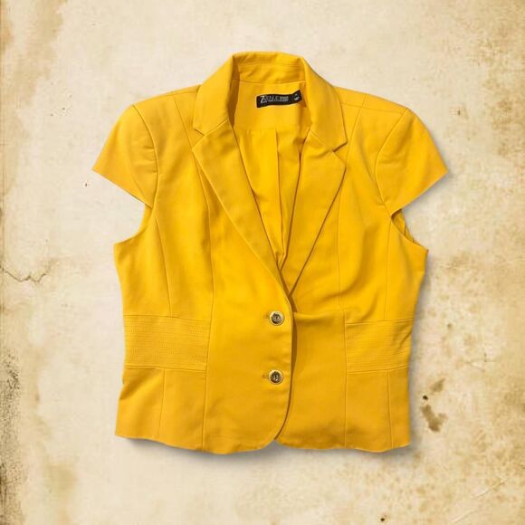canary yellow short sleeve suit jacket blazer top with corset back sz 10 - Picture 1 of 8